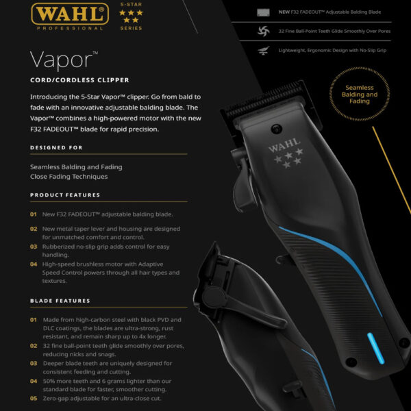 Wahl Vapor Cordless Clipper - Premium Hair Clipper with F32 FADEOUT Blade - Image 2