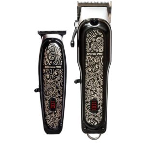 PRO X-1988 Combo Pack All Metal Quiet and Low Vibration Cordless Hair Clipper + Hair Trimmer Super Heavy Duty Barber & Stylist Pro Edition + Extra Blades + Extra 4 Clipper Guards (Black)