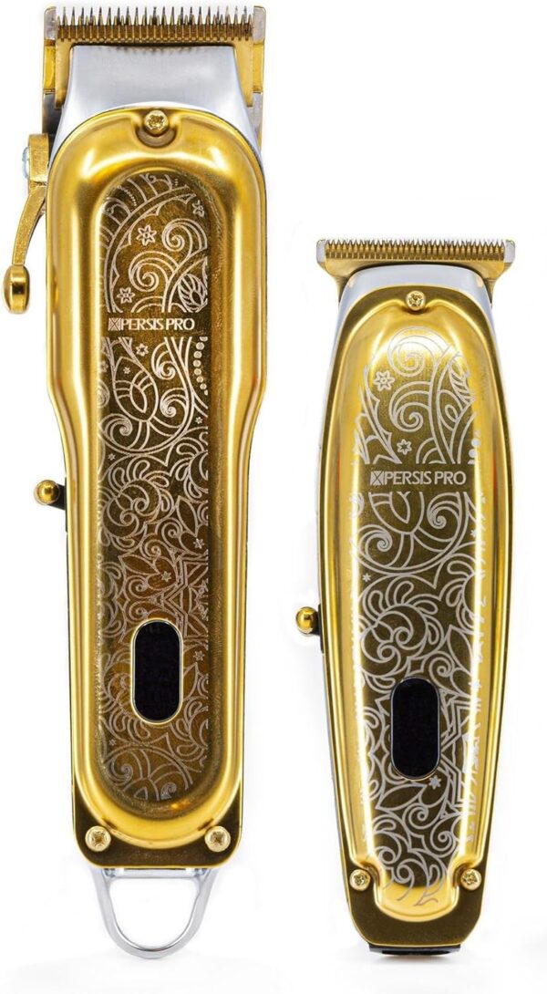 PRO X-1988 Combo Pack All Metal Cordless Hair Clipper + Hair Trimmer Super Heavy Duty Barber & Stylist Pro Edition + Extra Blades + Extra 4 Clipper Guards (Gold)
