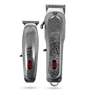 PRO X-1988 Combo Pack All Metal Cordless Hair Clipper + Hair Trimmer Super Heavy Duty Barber & Stylist Pro Edition + Extra Blades + Extra 4 Clipper Guards (Silver)