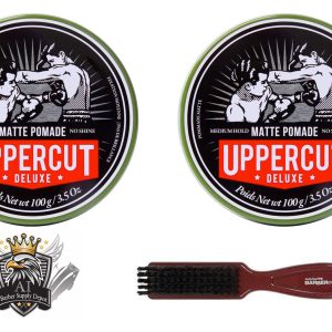 Uppercut Deluxe Matte Pomade for Men – Medium Hold, No Shine, Water-Based Hair Styling Cream, Easy Wash Out, Natural Matte Finish, 3.5 oz / 100 g (2-PACK + FREE FADE BRUSH ))
